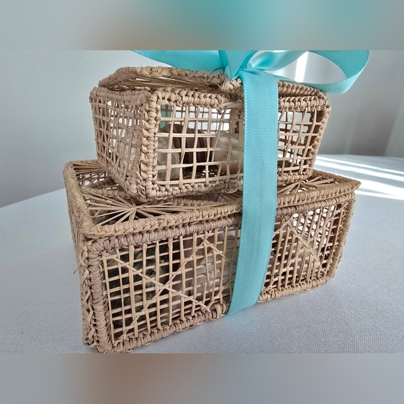 2 Trinket Box Iraca Palm Hand Woven Straw 5" 3.5" Boxes With Seashells - Picture 2 of 6